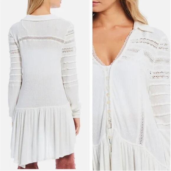 Free People Set to Stun Tunic Top Small White Lace Cotton Linen Cottage Boho - Picture 2 of 15